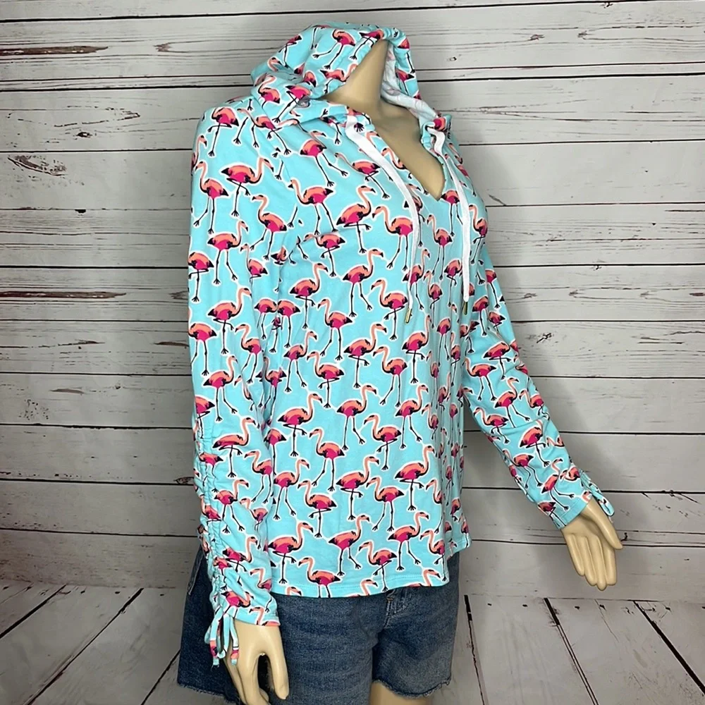 Crown & Ivy turquoise flamingo hooded pullover top size M - Picture 2 of 6